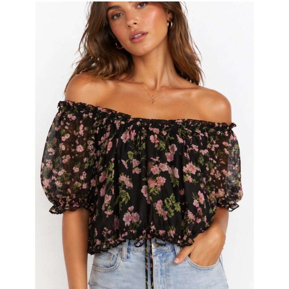 Olivaceous Floral Off Shoulder Peasant Top Black Pink Large NWT